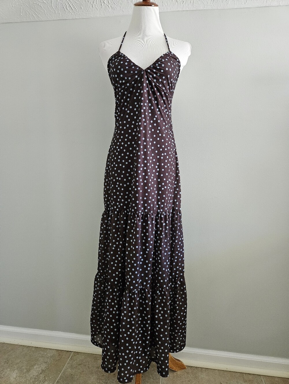 Wild Fable | Polka Dot Halter Maxi Dress in Brown With Baby Blue Dots